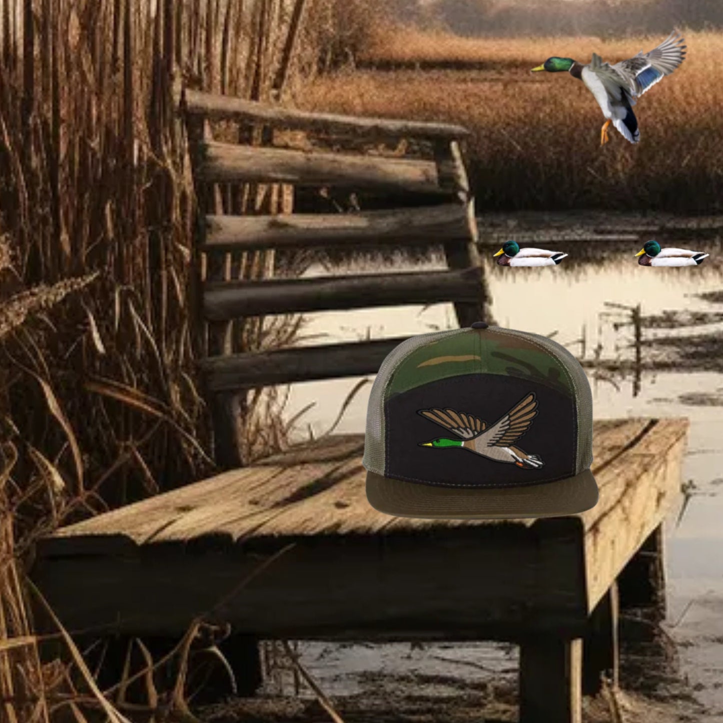Mallard Duck Embroidered Richardson 168 Flat Bill Trucker Cap - Outdoor Wildlife Hat - Mallard - Duck Hunting - Hunter gift