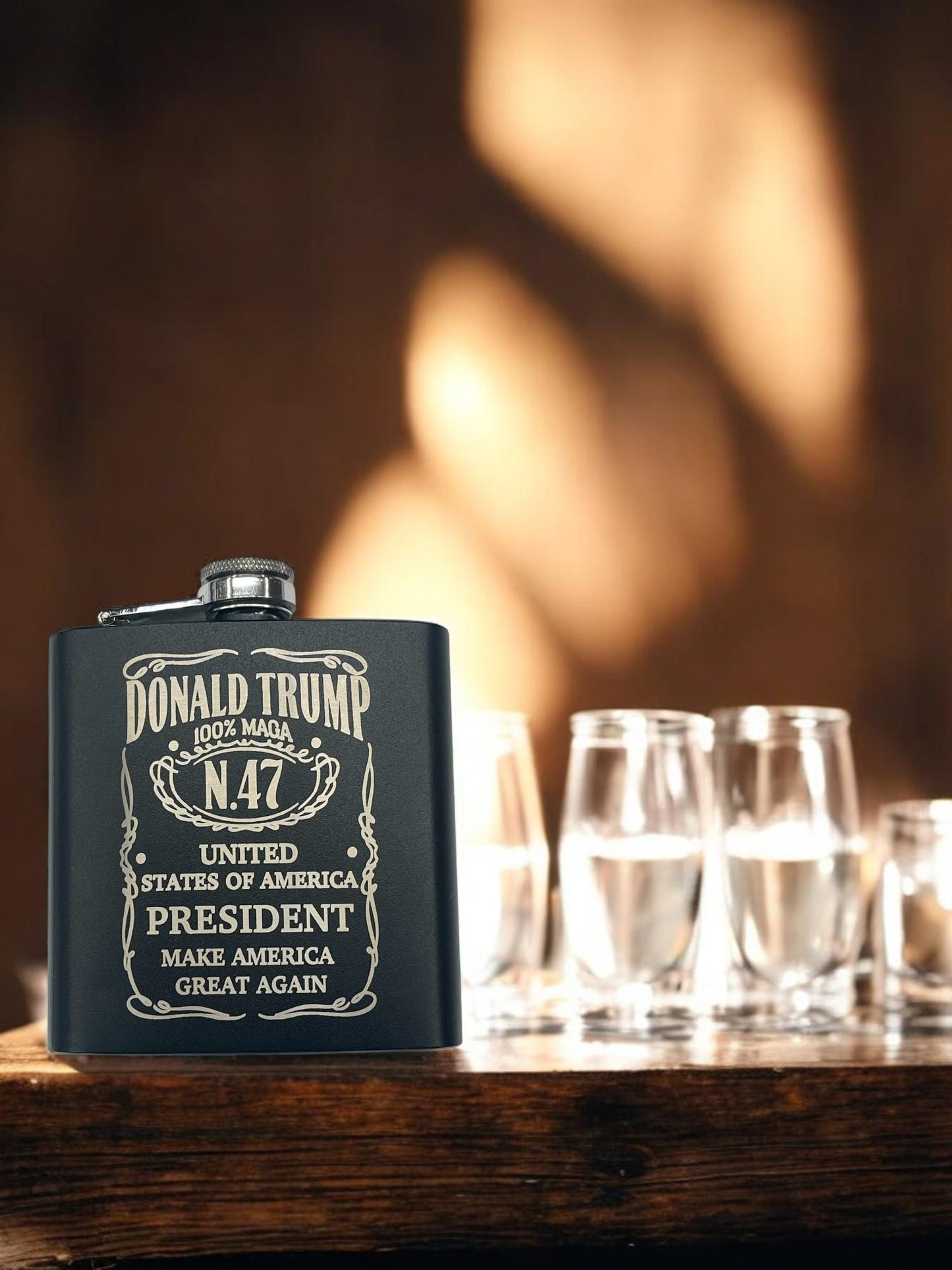 President Trump Design / Engraved 6oz Metal Flask / Personalized Political Gift / Man Cave Decor / Custom Engraved Keepsake / Trump Merch