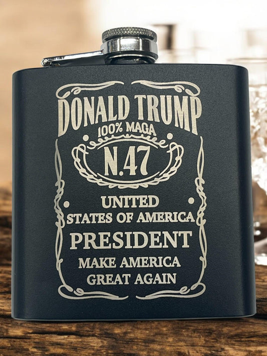 President Trump Design / Engraved 6oz Metal Flask  / Personalized Political Gift / Man Cave Decor / Custom Engraved Keepsake / Trump Merch